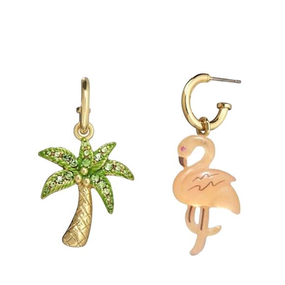 COACH TROPICAL MISMATCH EARRINGS, 1 PINK FLAMINGO & 1 PAVE PALM TREE - Picture 2 of 4